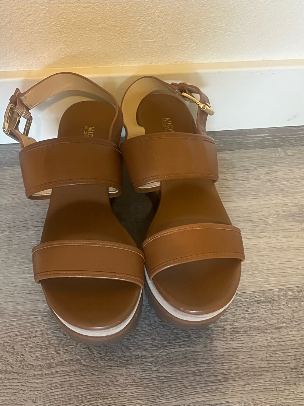 MICHAEL Michael Kors Tan Brown Leather Double-Strap Sandals with Gold Buckle